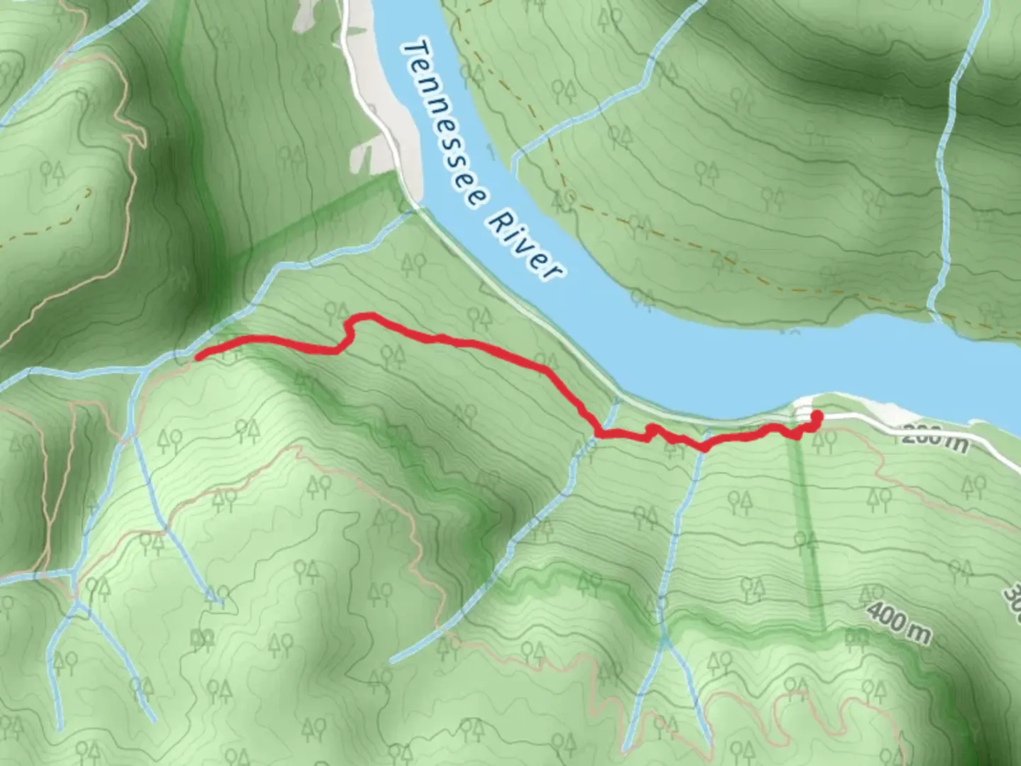 An image depicting the trail Tennessee River Shore Walk from River Canyon Road and its surrounding area.