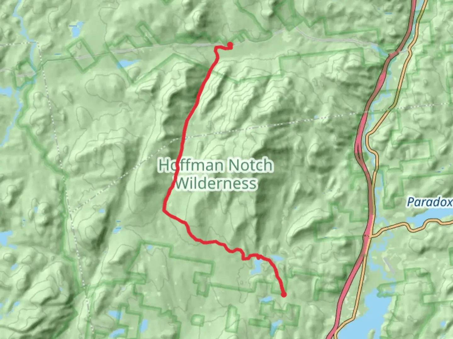 An image depicting the trail Big Pond Trail via Hoffman Notch Trail and its surrounding area.