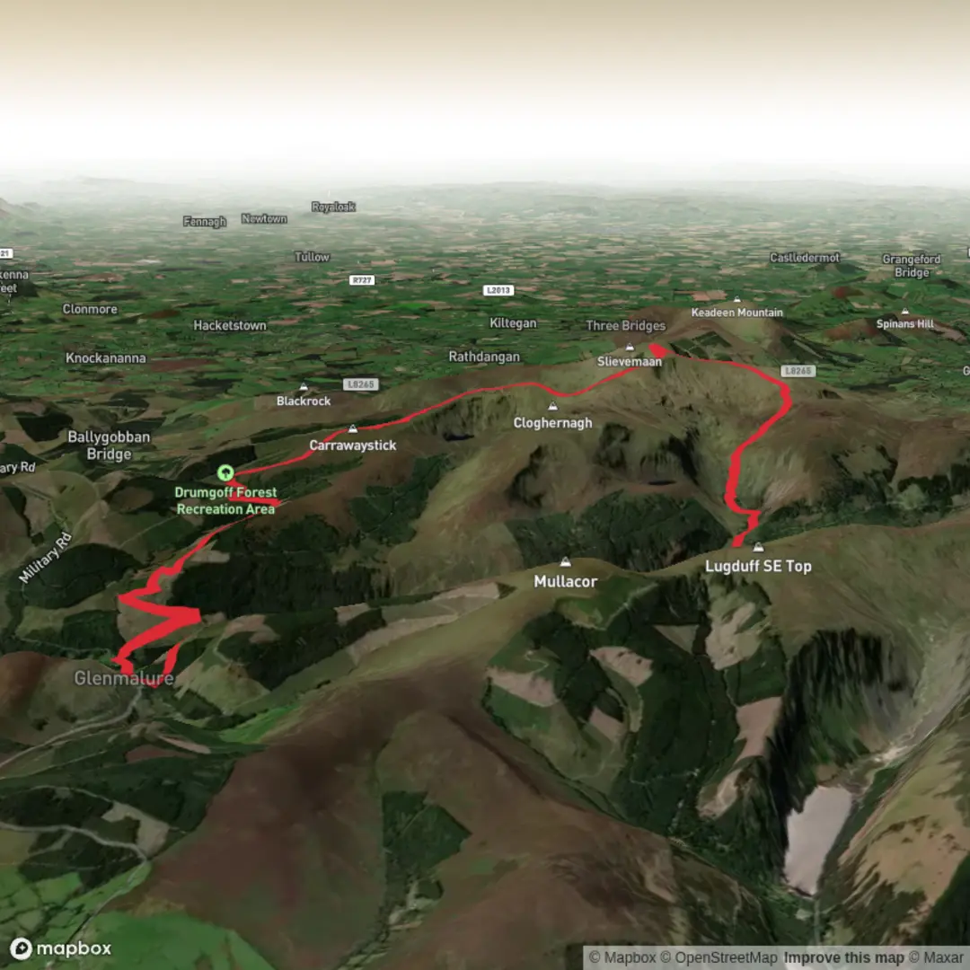 An image depicting the trail Glenmalure to Lugnaquilla and its surrounding area.
