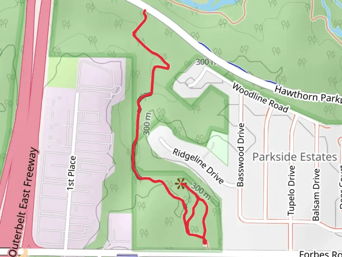 An image depicting the trail Forbes Crossing and Forbes Woods Ridge Loop Trail and its surrounding area.
