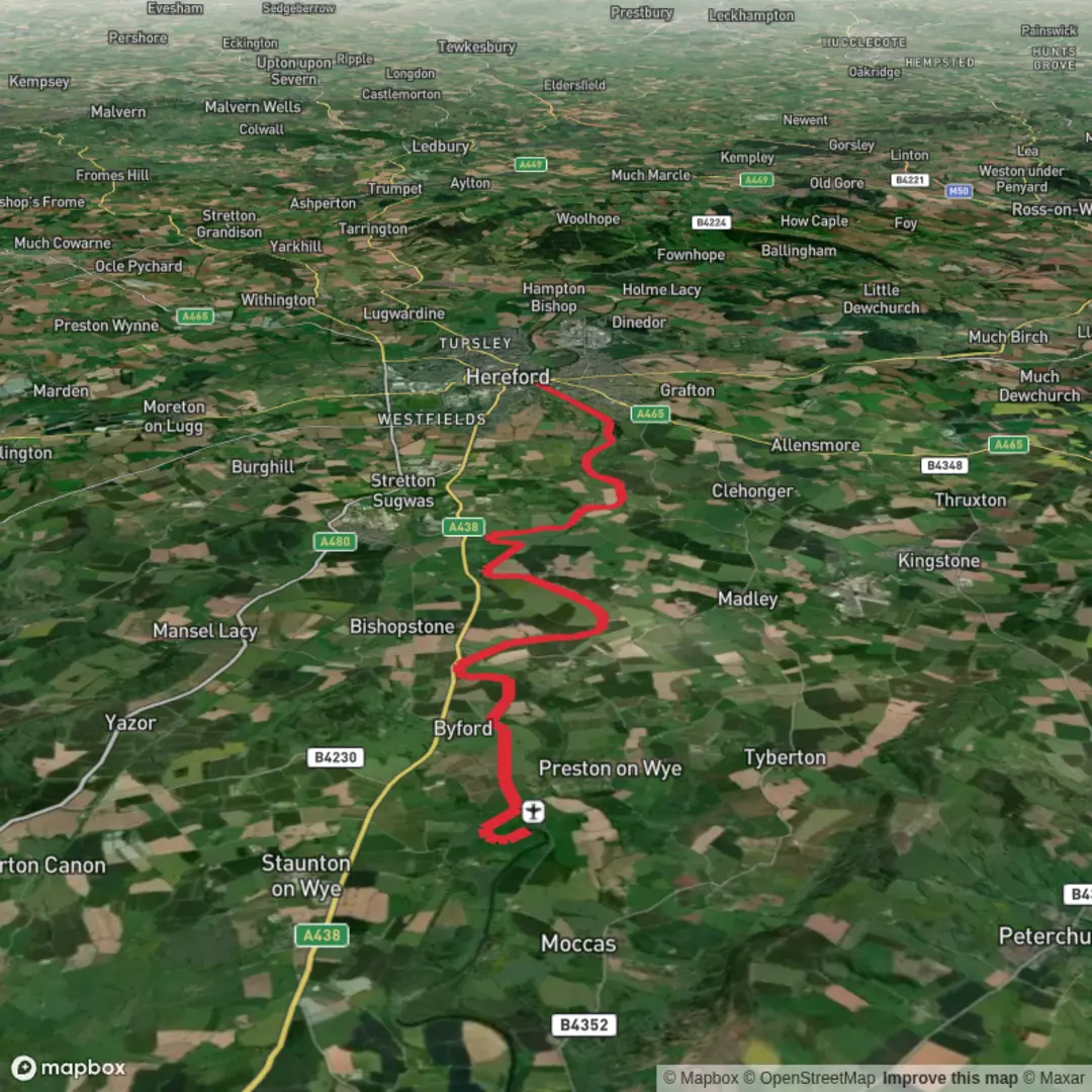 An image depicting the trail By cross Farm to Hereford and its surrounding area.