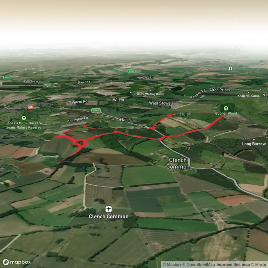 An image depicting the trail Martinsell to Gophers Wood Circular in the Vale of Pewsey. and its surrounding area.