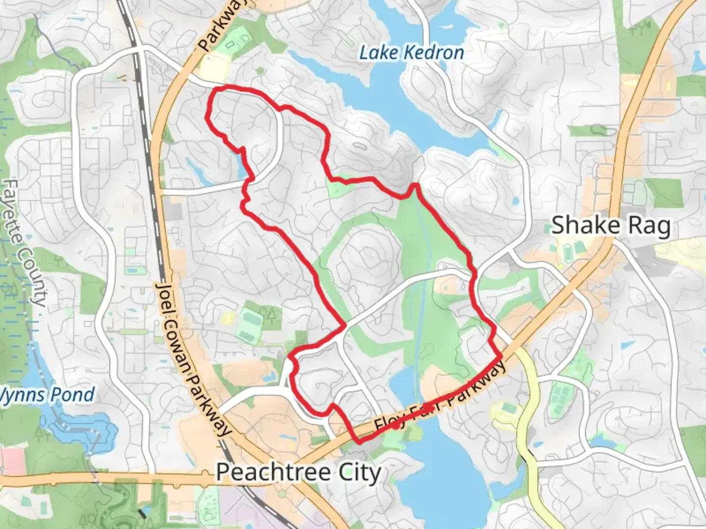 An image depicting the trail Peachtree Lake and Kedron Ponds Loop and its surrounding area.