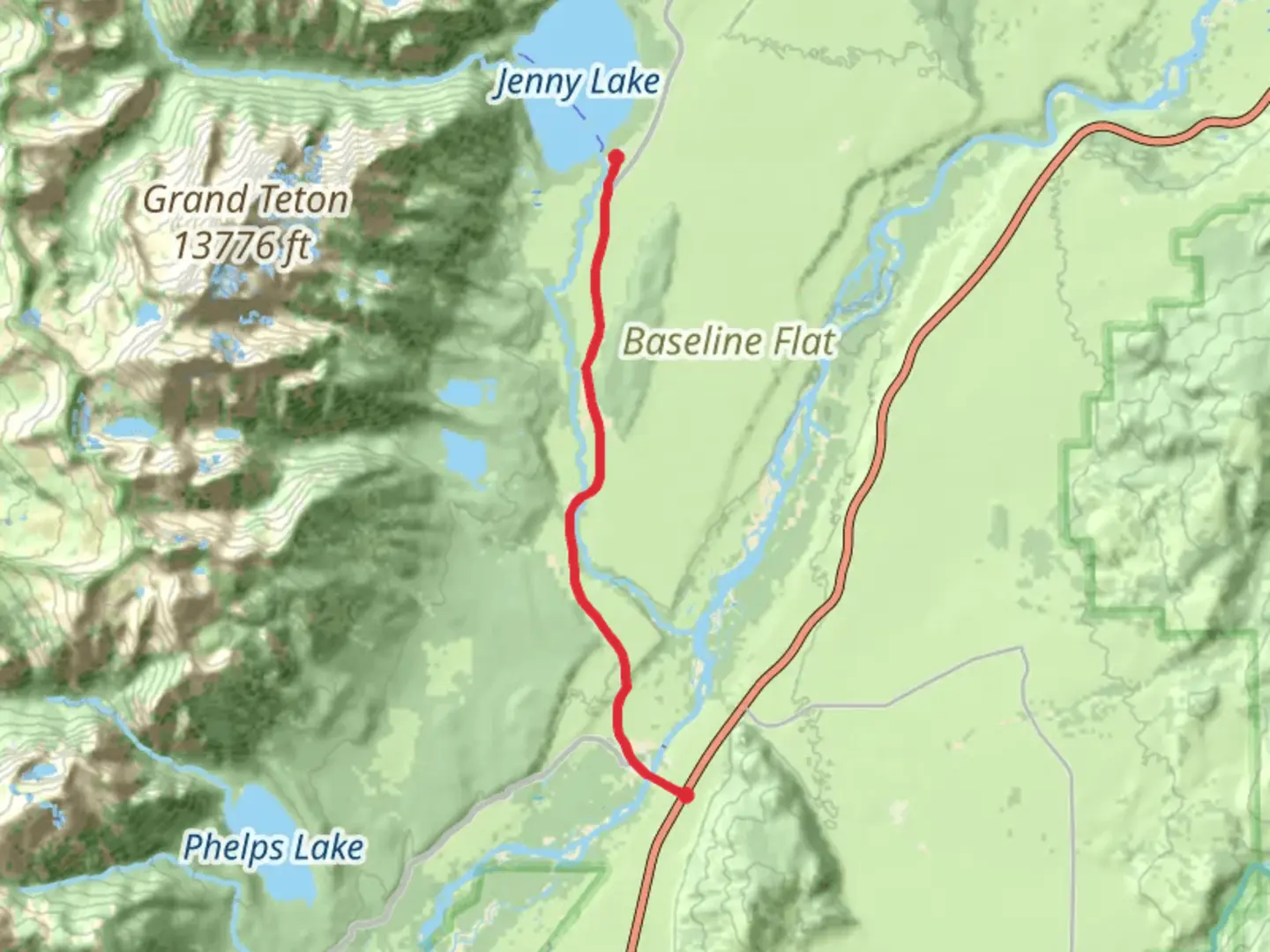 An image depicting the trail Jenny Lake via Grand Teton Scenic Drive and its surrounding area.