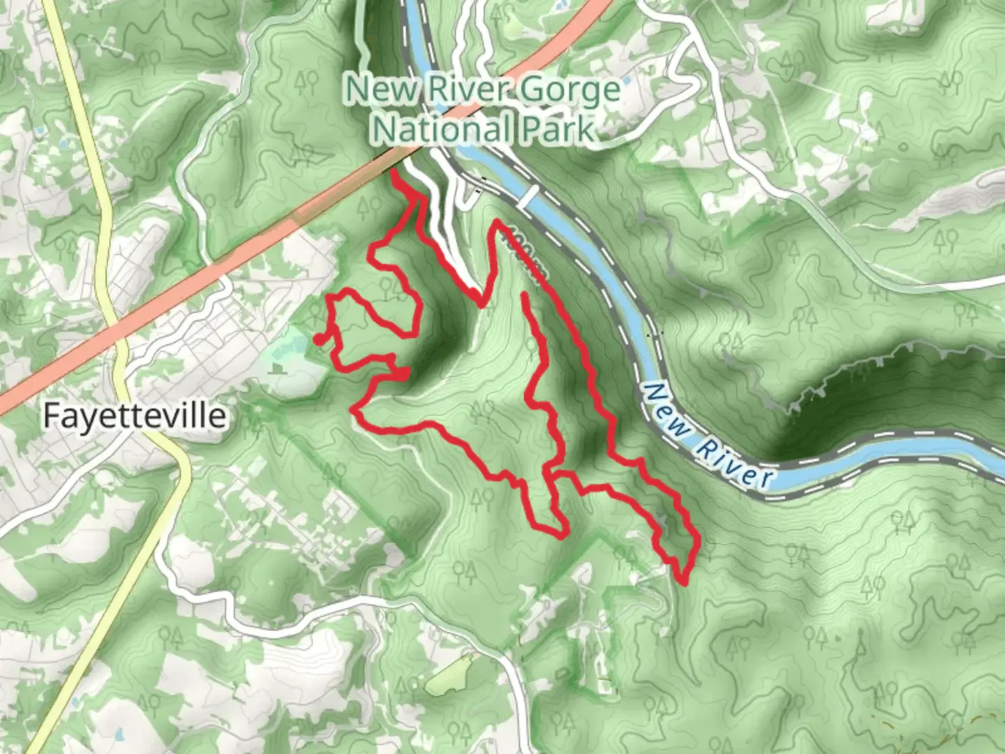 An image depicting the trail Fayetteville, Long Point and Kaymoor Loop Trail and its surrounding area.