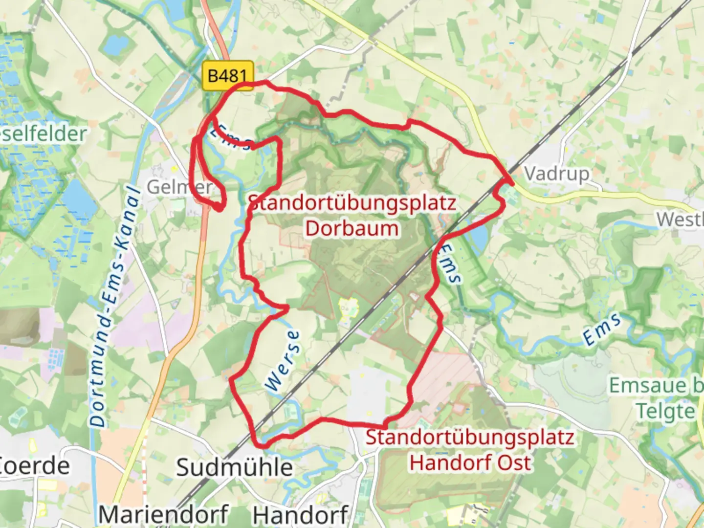 An image depicting the trail Standortubungsplatz Loop and its surrounding area.
