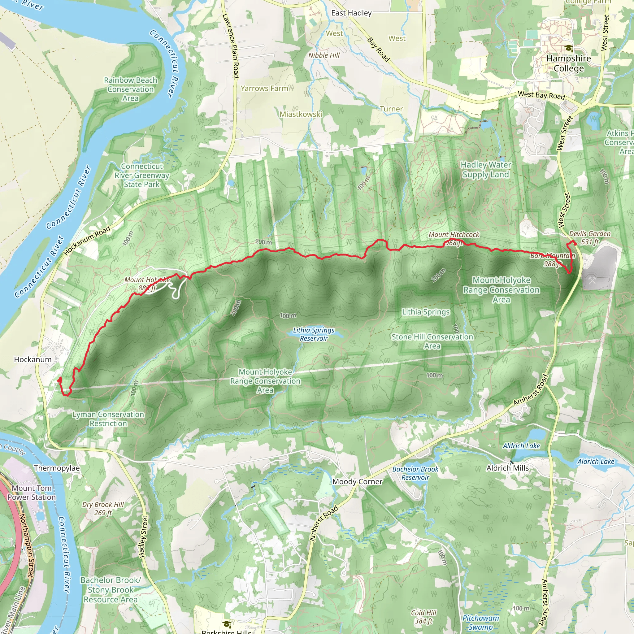 Mount Holyoke, Mount Hitchcock Bare and Mountain from Metacomet Monadnock Trail mobile static map