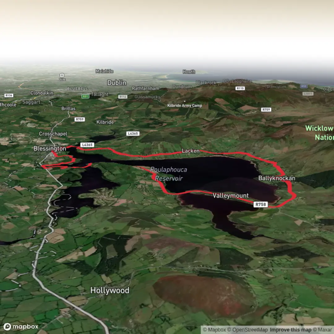An image depicting the trail Blessington Lakes loop and its surrounding area.