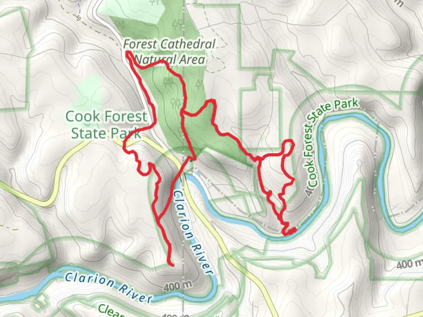 An image depicting the trail Clarion River and Lookout Tower via Baker Trail and its surrounding area.