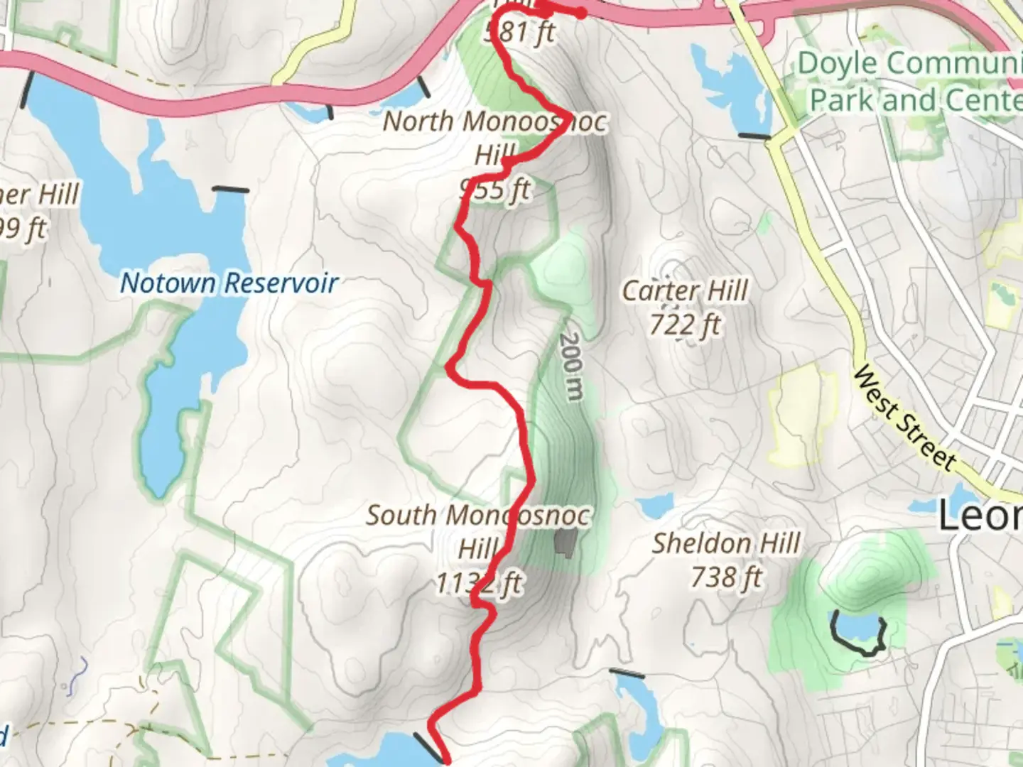 An image depicting the trail Haynes Reservoir via Monoosnoc Ridge Trail and its surrounding area.