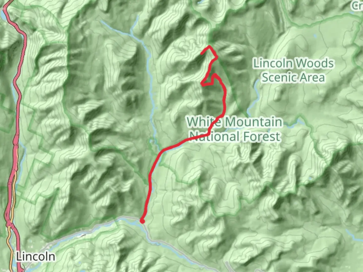 An image depicting the trail West Bond Summit via Lincoln Woods Trail and its surrounding area.