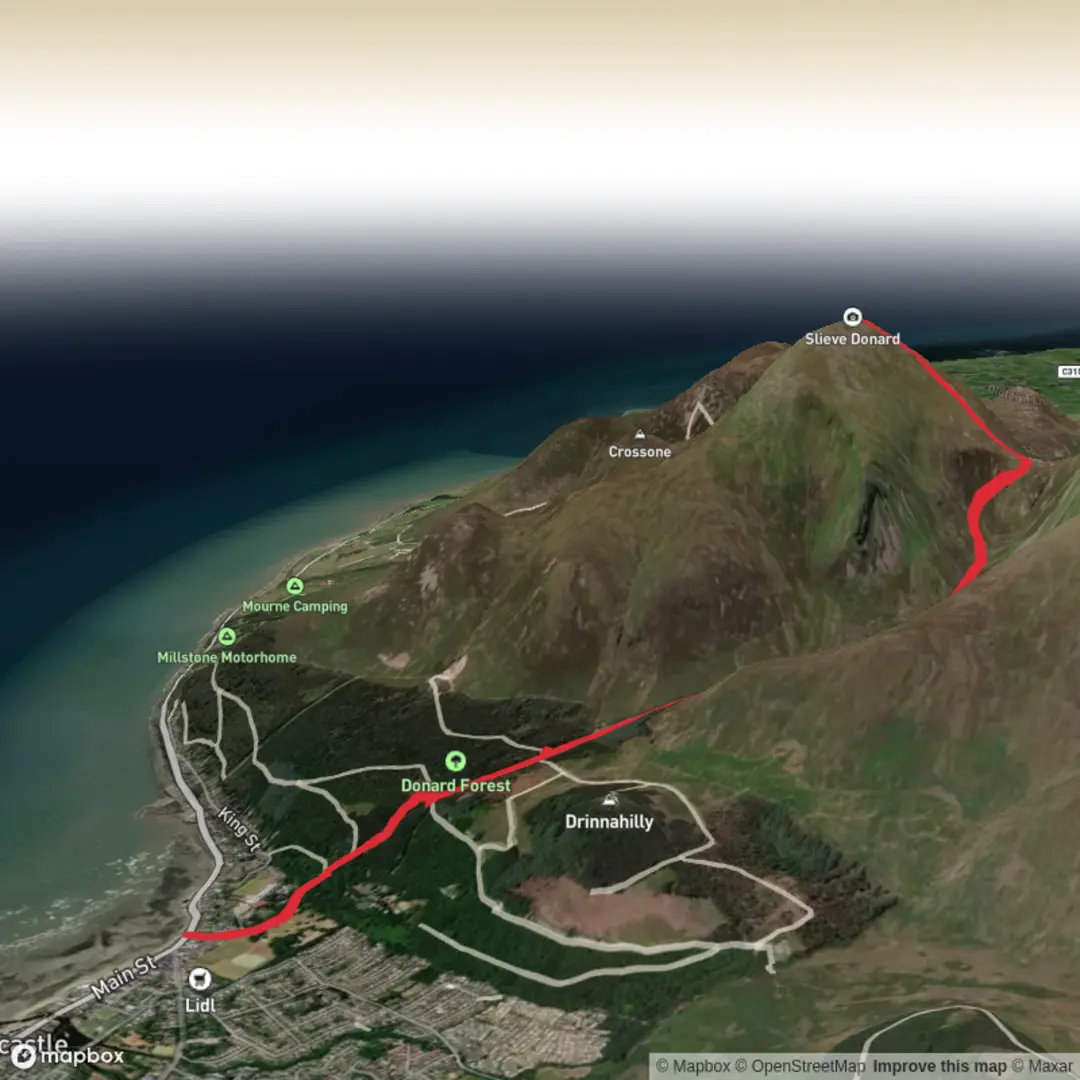An image depicting the trail Hike from Newry, Mourne, Slieve Donard to Bloody Bridge and its surrounding area.