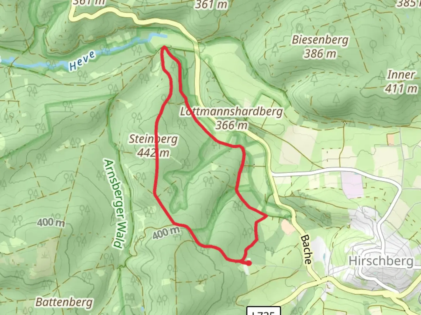An image depicting the trail Steinberg via Hirschberg and its surrounding area.