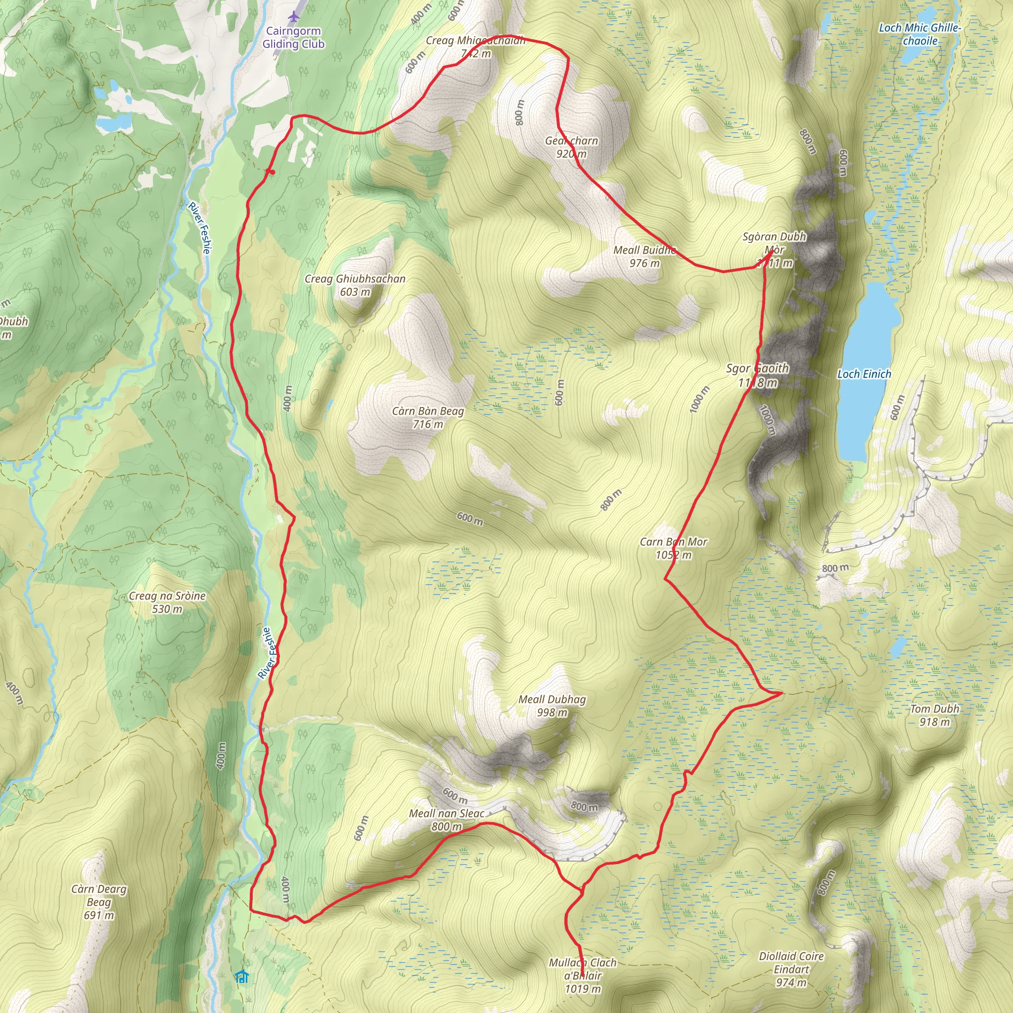 Sgor Gaoith and Mullach Clach a' Bhlair Loop from Glen Feshie mobile static map