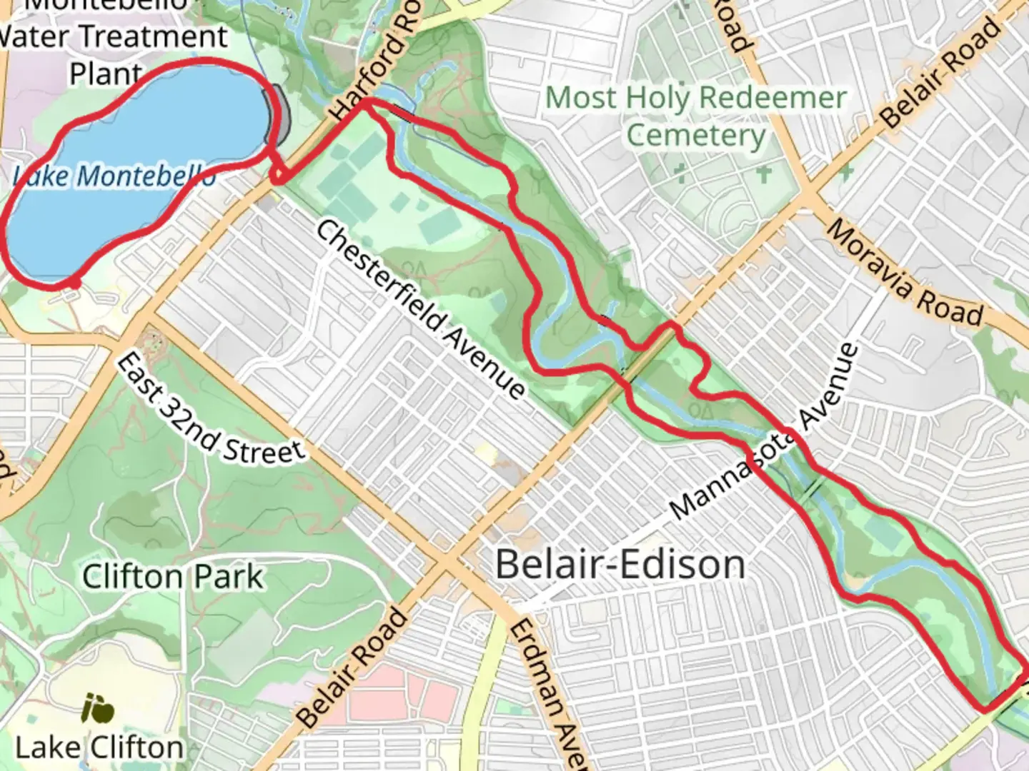 An image depicting the trail Lake Montebello and Herring Run Greenway Loop and its surrounding area.