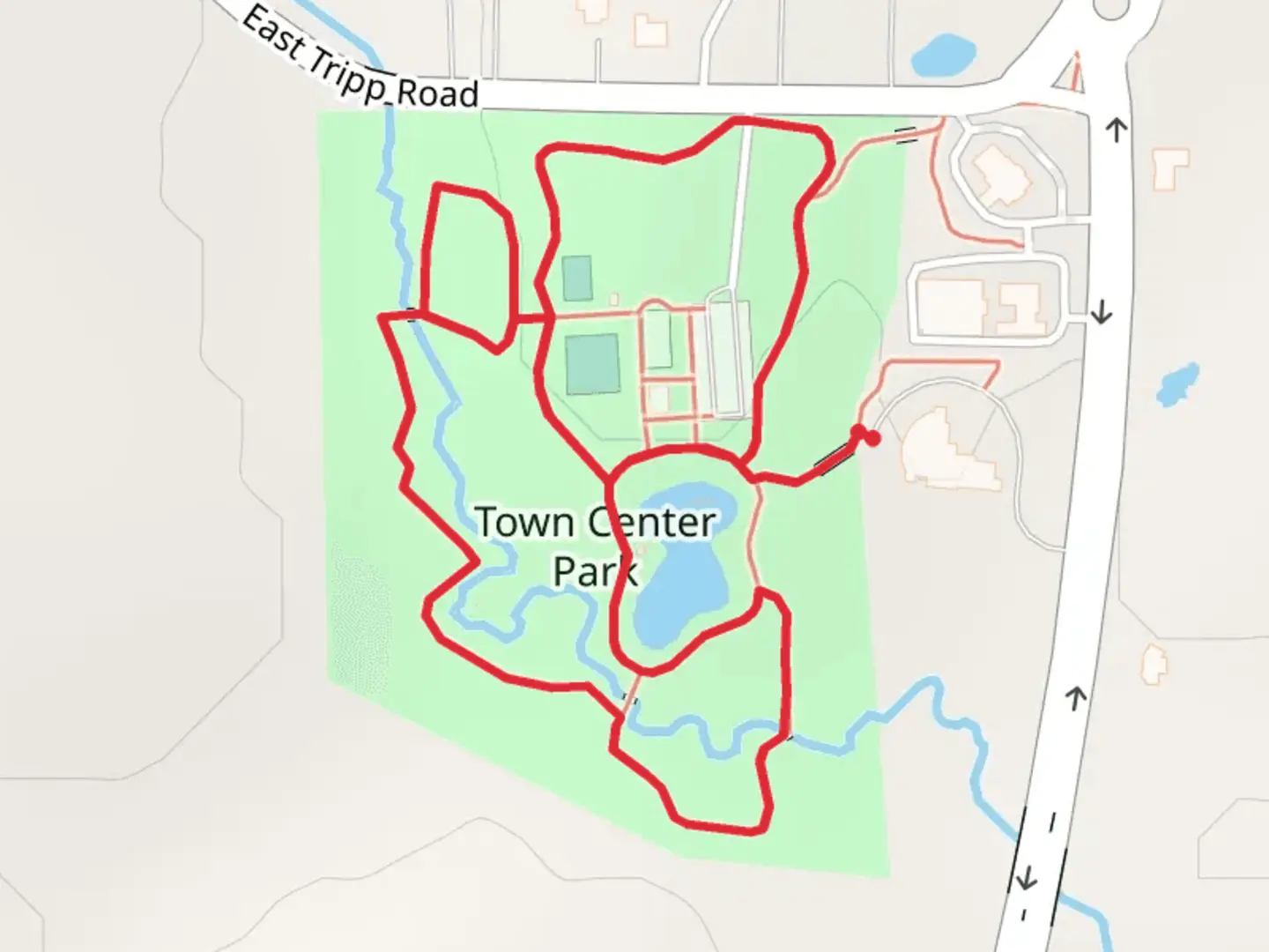 An image depicting the trail Town Center Park Loop and its surrounding area.