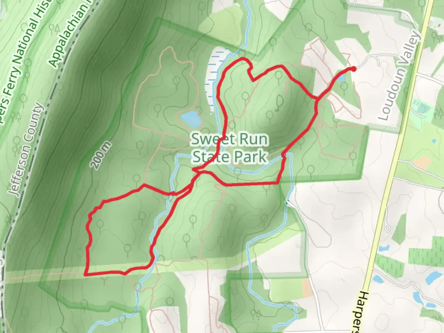 An image depicting the trail Piney Run Spur, Wood Thrush and Old Bridge Loop Trail and its surrounding area.