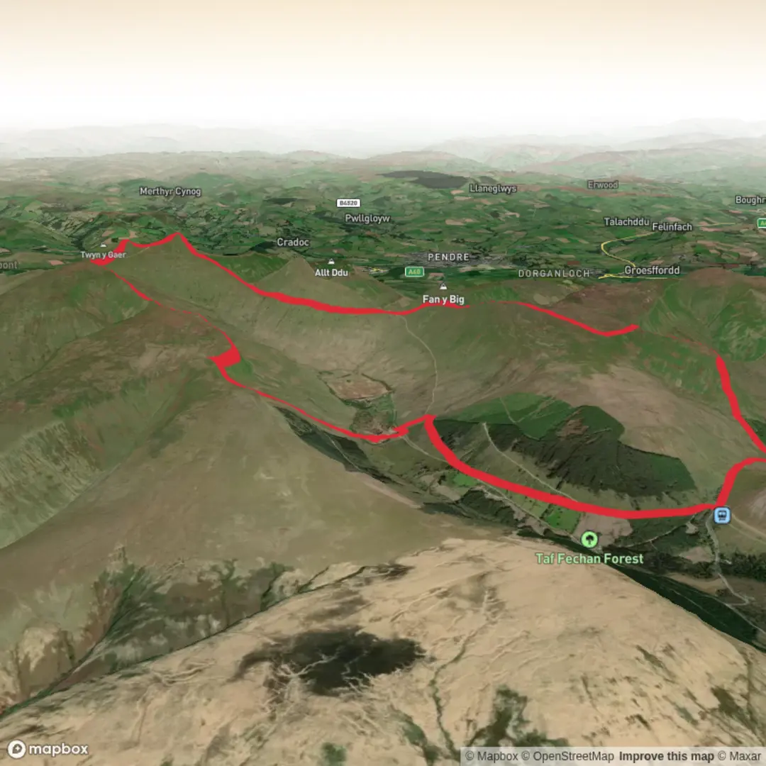 An image depicting the trail Pen y Fan Southern waterfall approach and its surrounding area.