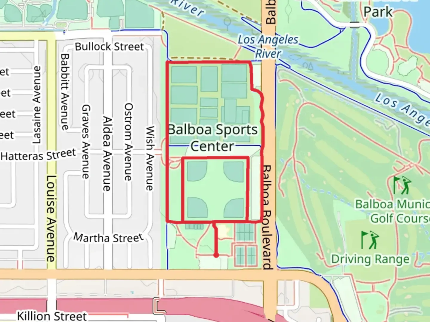 An image depicting the trail Balboa Sports Center Loop and its surrounding area.
