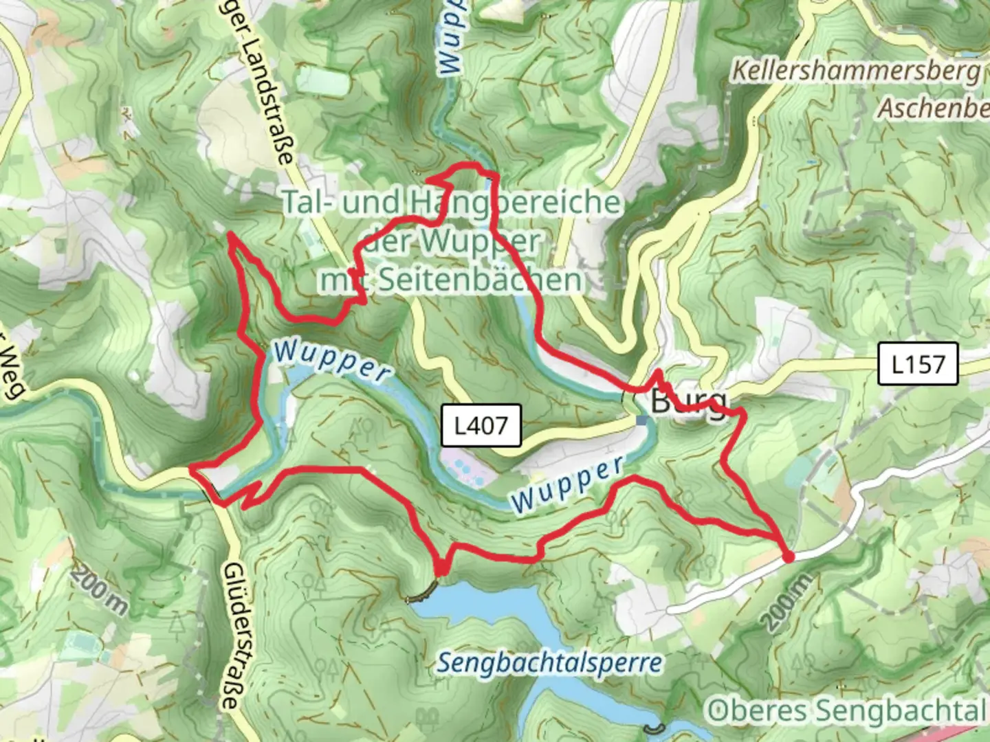 An image depicting the trail Strohnerhöh, H Lons Denkmal and Seilbahn Burg Loop and its surrounding area.