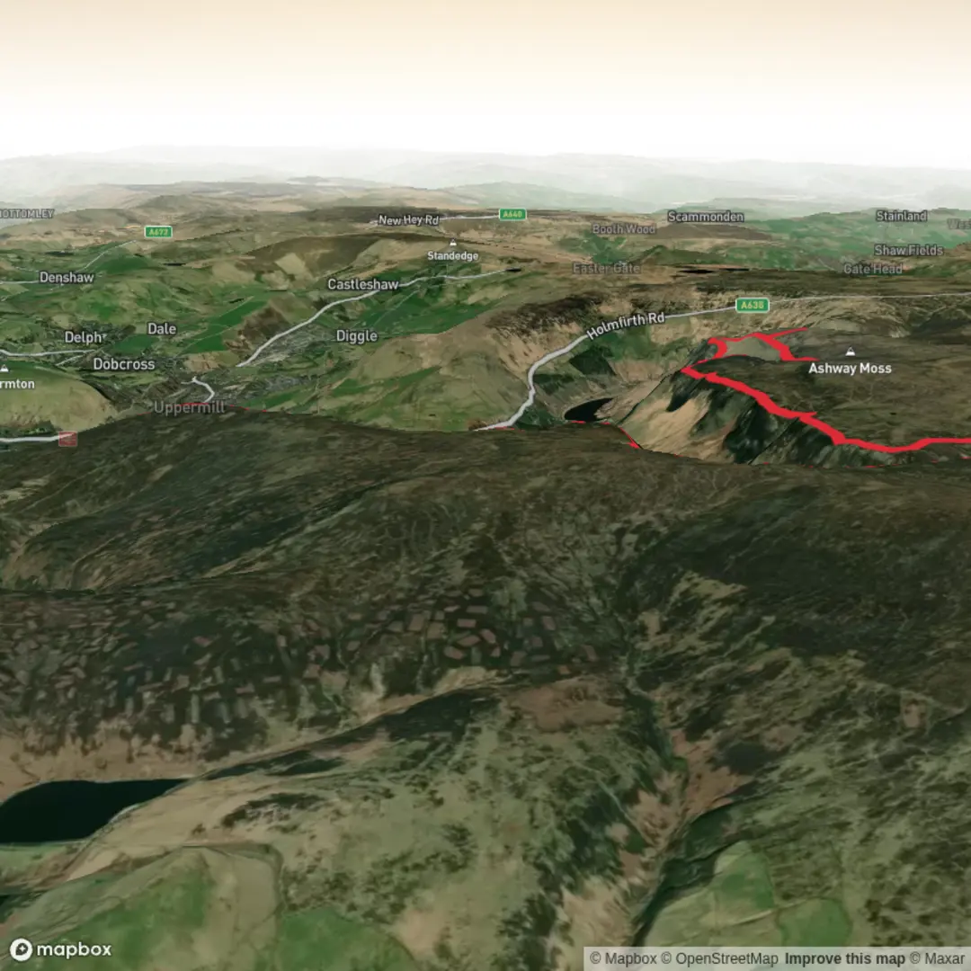 An image depicting the trail Peak Bagging PD - 02 Above Dove Stone Reservoir and its surrounding area.
