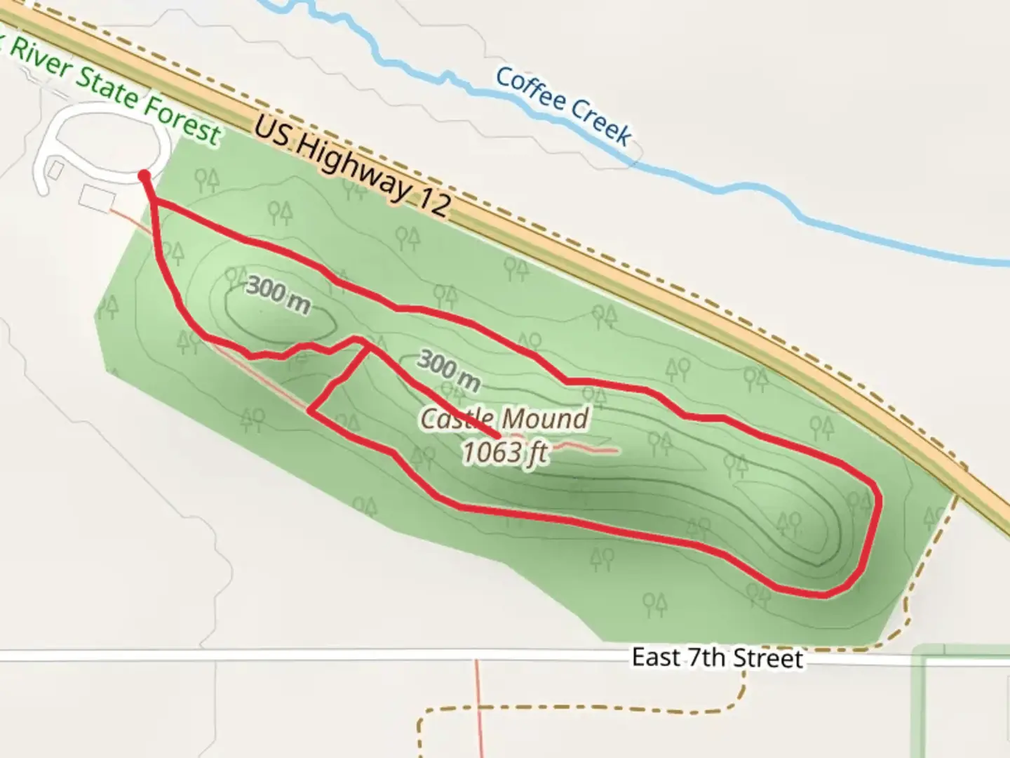 An image depicting the trail Castle Mound and Nature Center Loop Trail and its surrounding area.