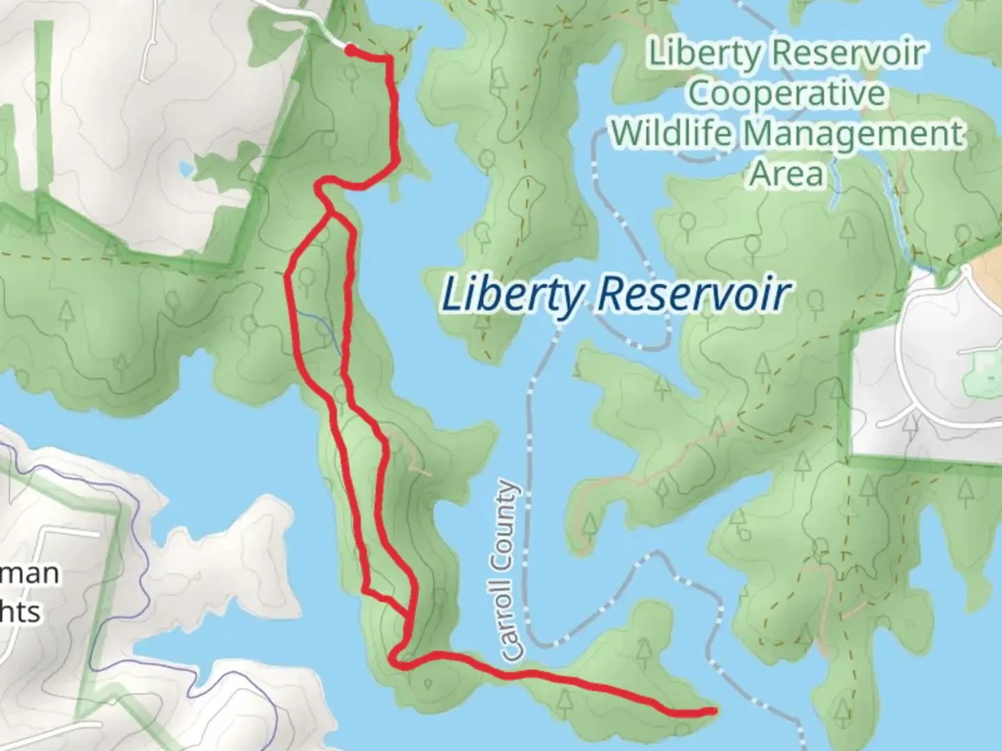 An image depicting the trail Liberty Reservoir Shore Loop - Old Nicodemus Road and its surrounding area.