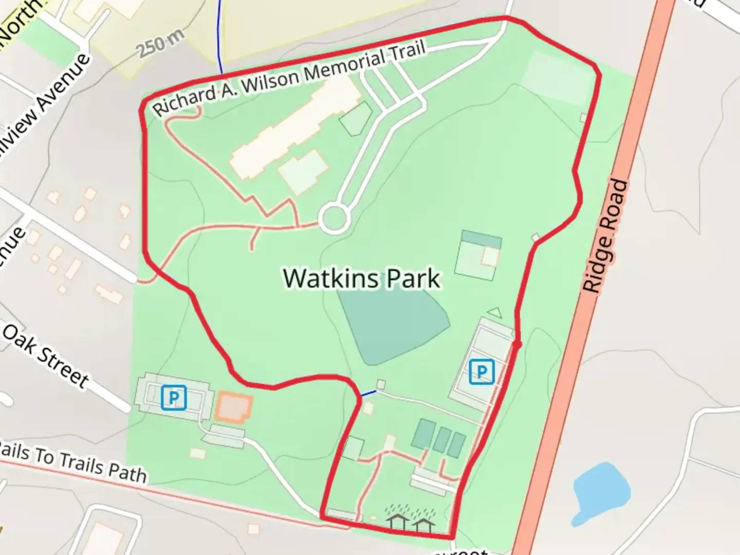 An image depicting the trail Watkins Park Loop and its surrounding area.