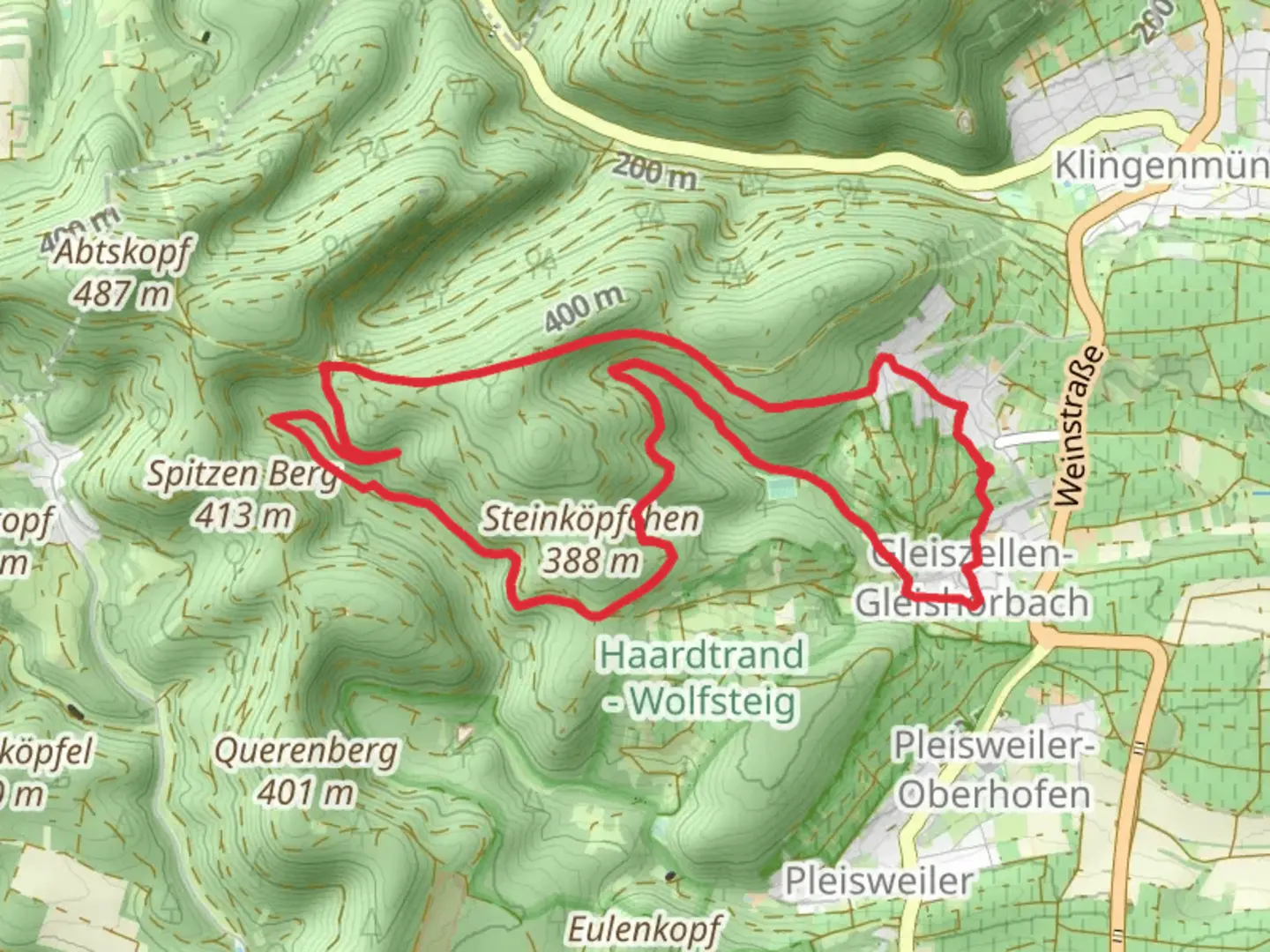 An image depicting the trail Kapellen-Pilgerweg and Gleiszellen and its surrounding area.