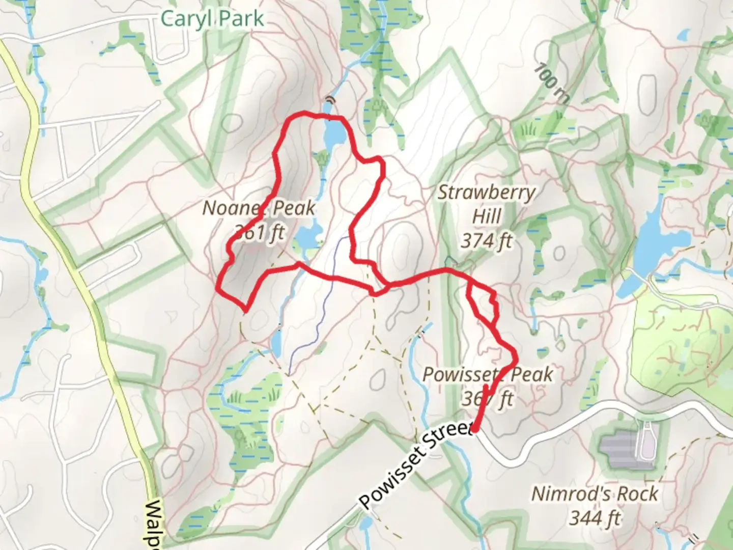 An image depicting the trail Powissett Peak and Noanet Peak Loop and its surrounding area.