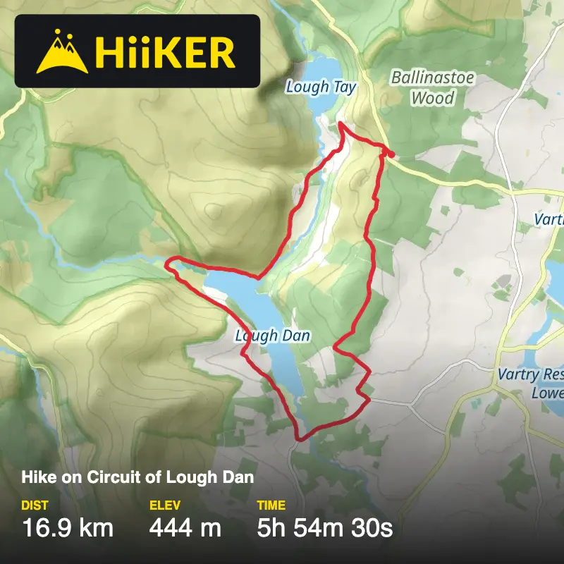 A map preview of the recording Hike on Circuit of Lough Dan.