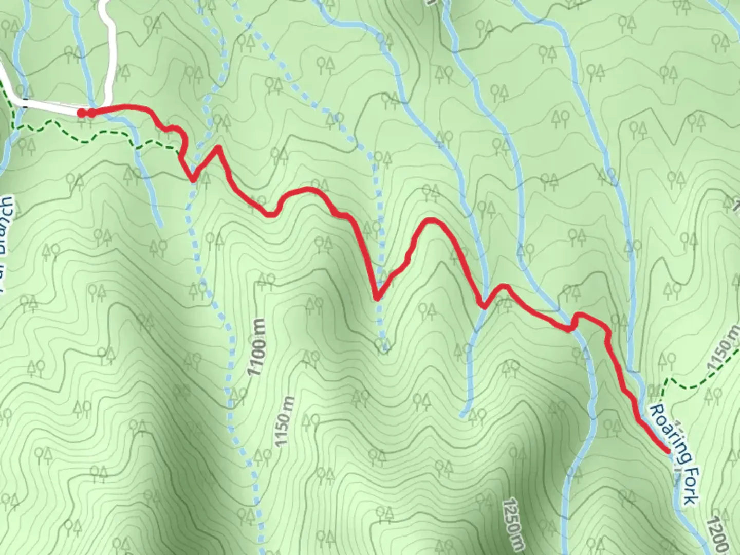An image depicting the trail Roaring Fork via Trillium Gap Trail and its surrounding area.