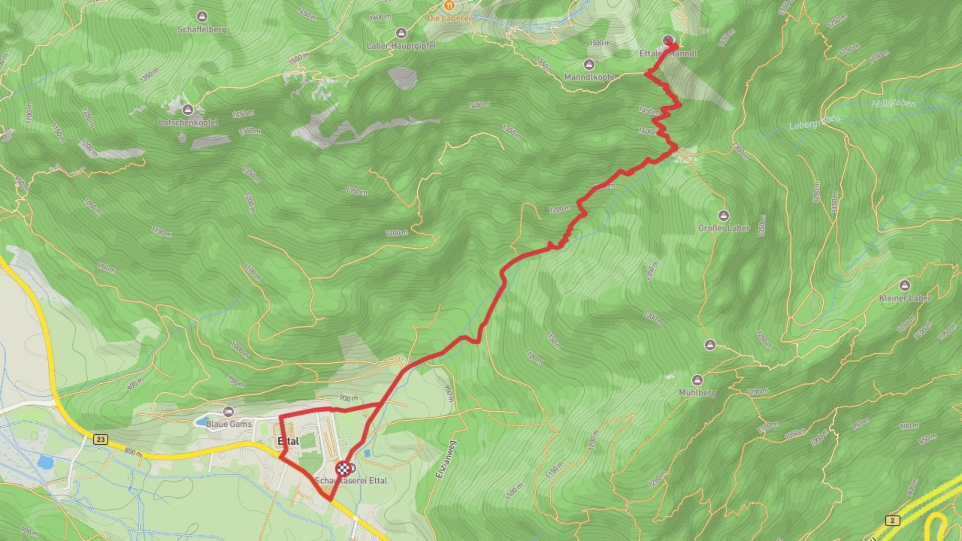 An image depicting the trail Ettaler Manndl Peak Walk from Ettal and its surrounding area.