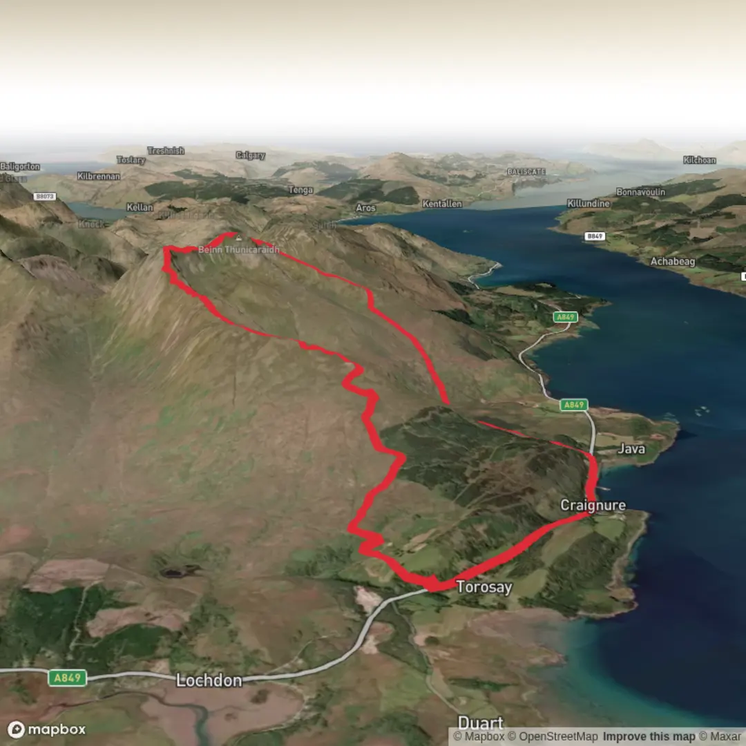 An image depicting the trail Maol nan Uan, Mainnir nam Fiadh and Dun da Ghaoithe Loop and its surrounding area.