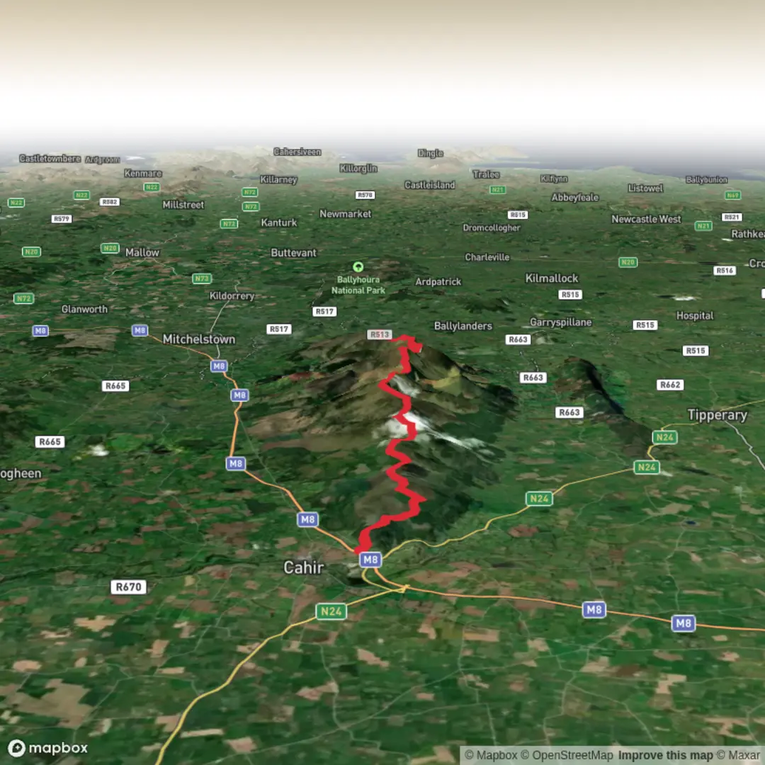 An image depicting the trail Galtee Crossing, Galtybeg, Lyracappul and Temple hill and its surrounding area.