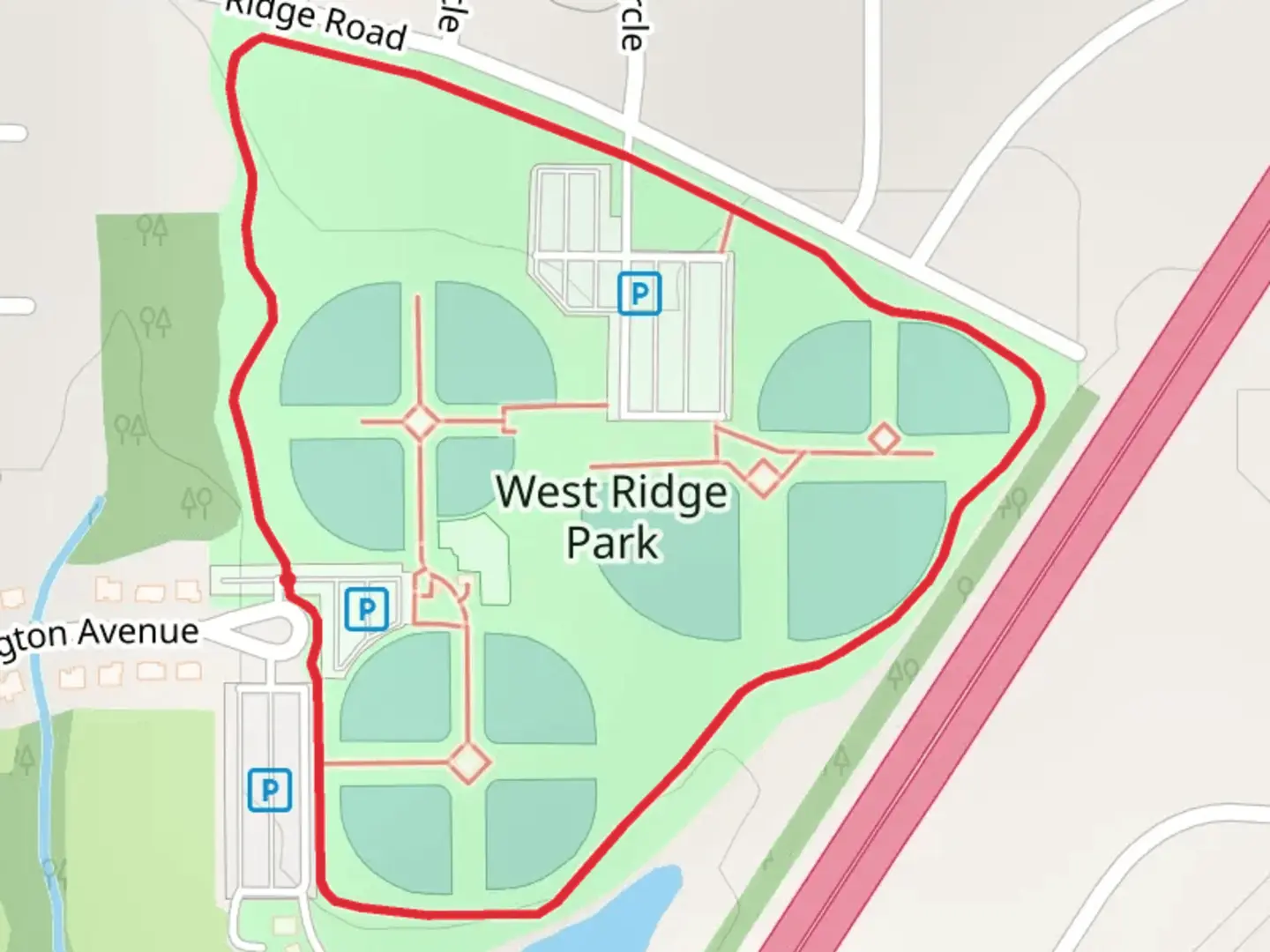 An image depicting the trail West Ridge Park Loop and its surrounding area.