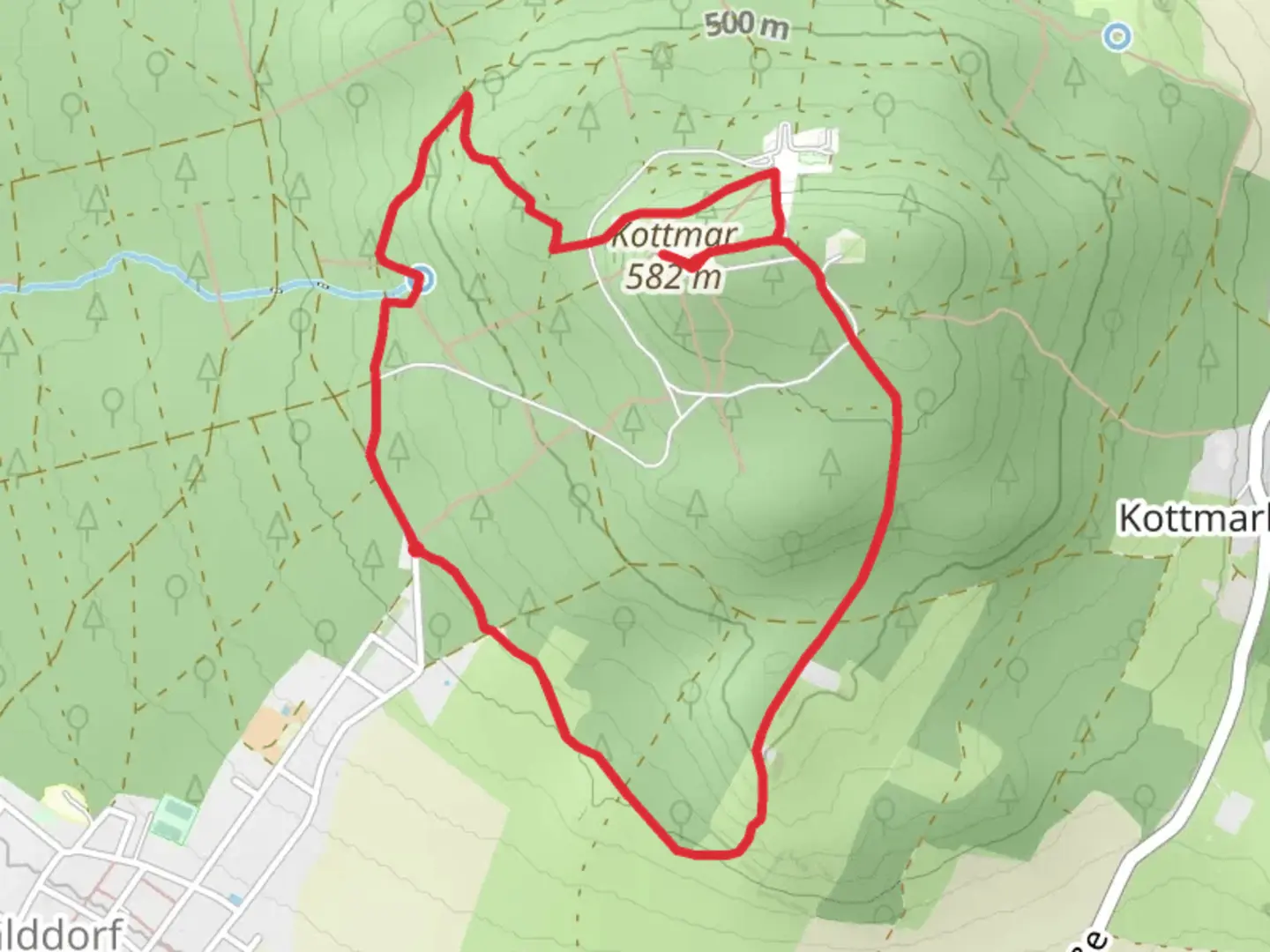 An image depicting the trail Kottmar and Hanschberg Loop via Wolfsgrubenweg and its surrounding area.