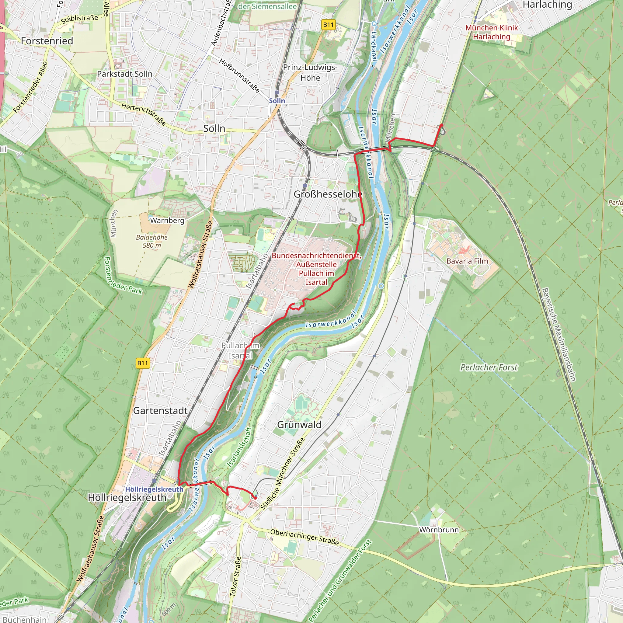 Großhesseloher Brücke to Grünwald, Derbolfinger Platz via Josef Breher Weg mobile static map