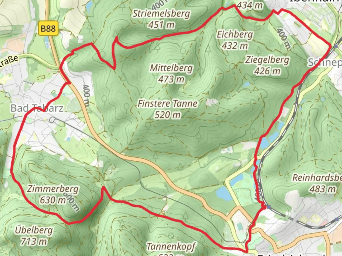 An image depicting the trail Friedrichroda and Bad Tabarz Loop via Breterteich and its surrounding area.