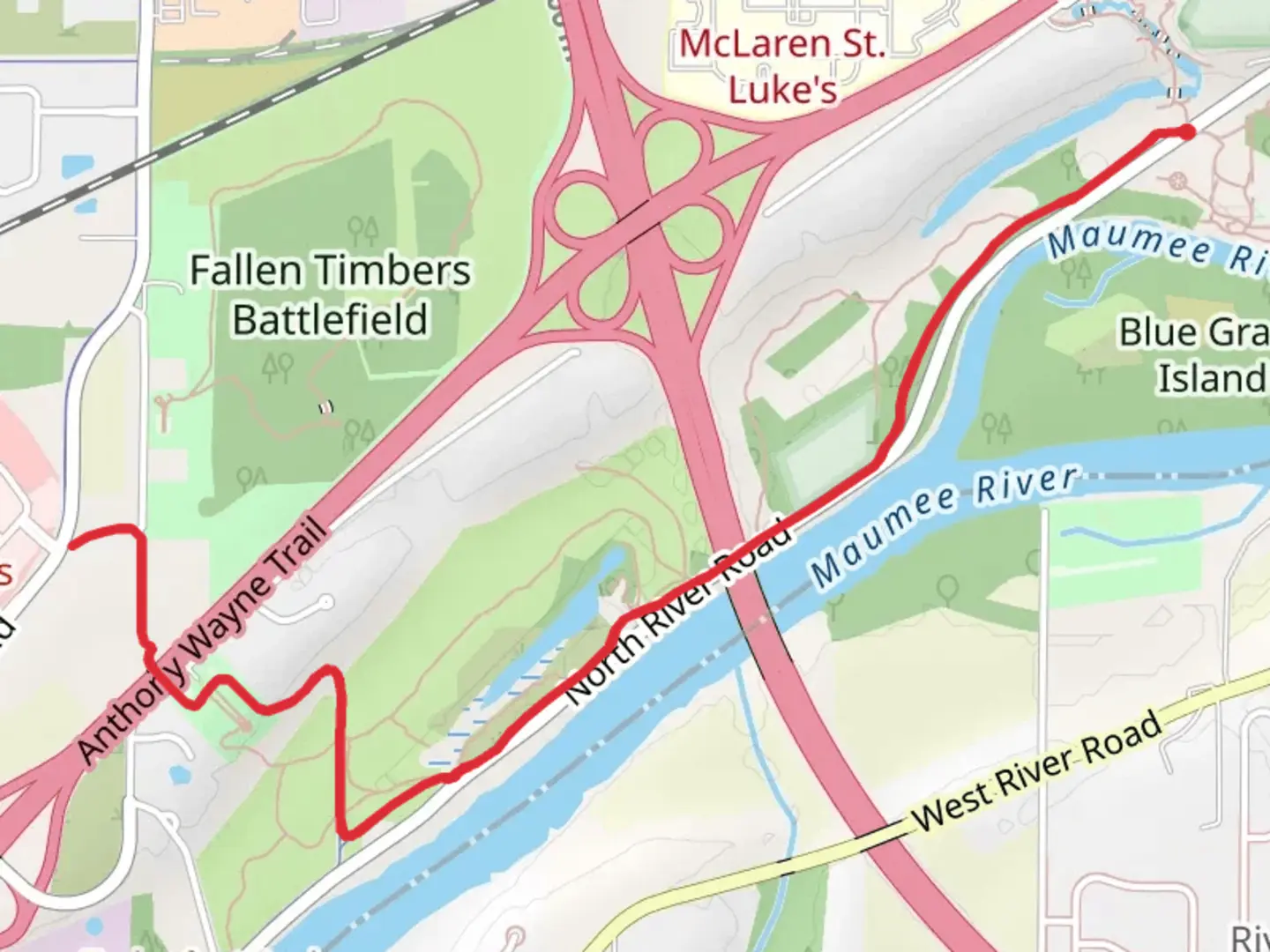 An image depicting the trail Wabash-Cannonball Connector Out and Back and its surrounding area.