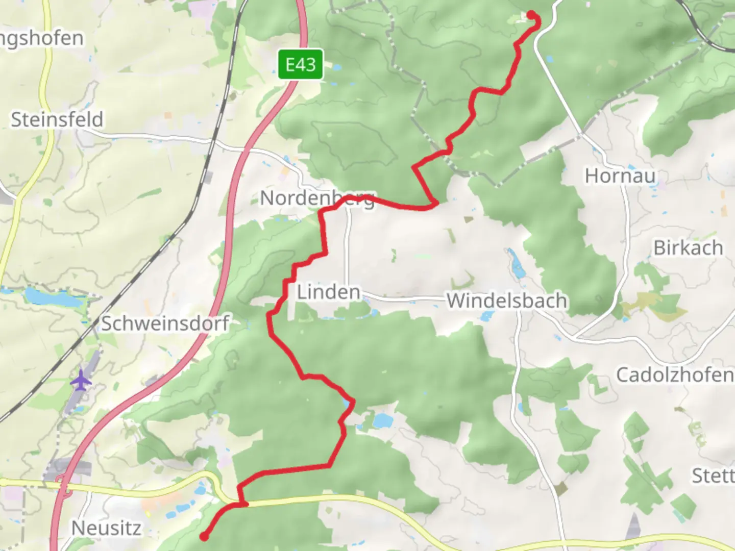 An image depicting the trail Burgbernheim to Neusitz via Europaelscher Wasserscheideweg and its surrounding area.