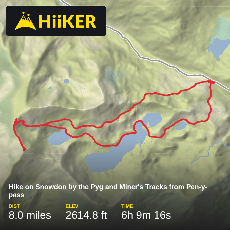 A map preview of the recording Hike on Snowdon by the Pyg and Miner's Tracks from Pen-y-pass.