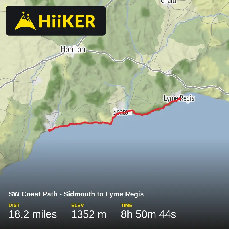 A map preview of the recording SW Coast Path - Sidmouth to Lyme Regis.