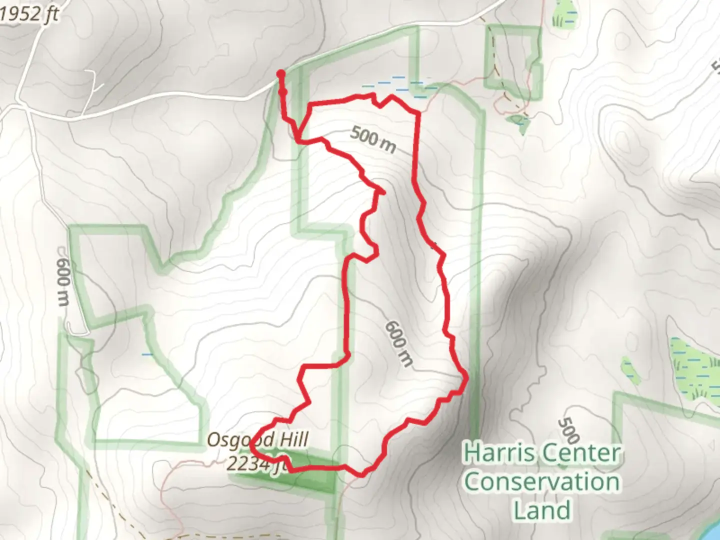 An image depicting the trail Osgood Hill - Harris Center Parcels Loop and its surrounding area.