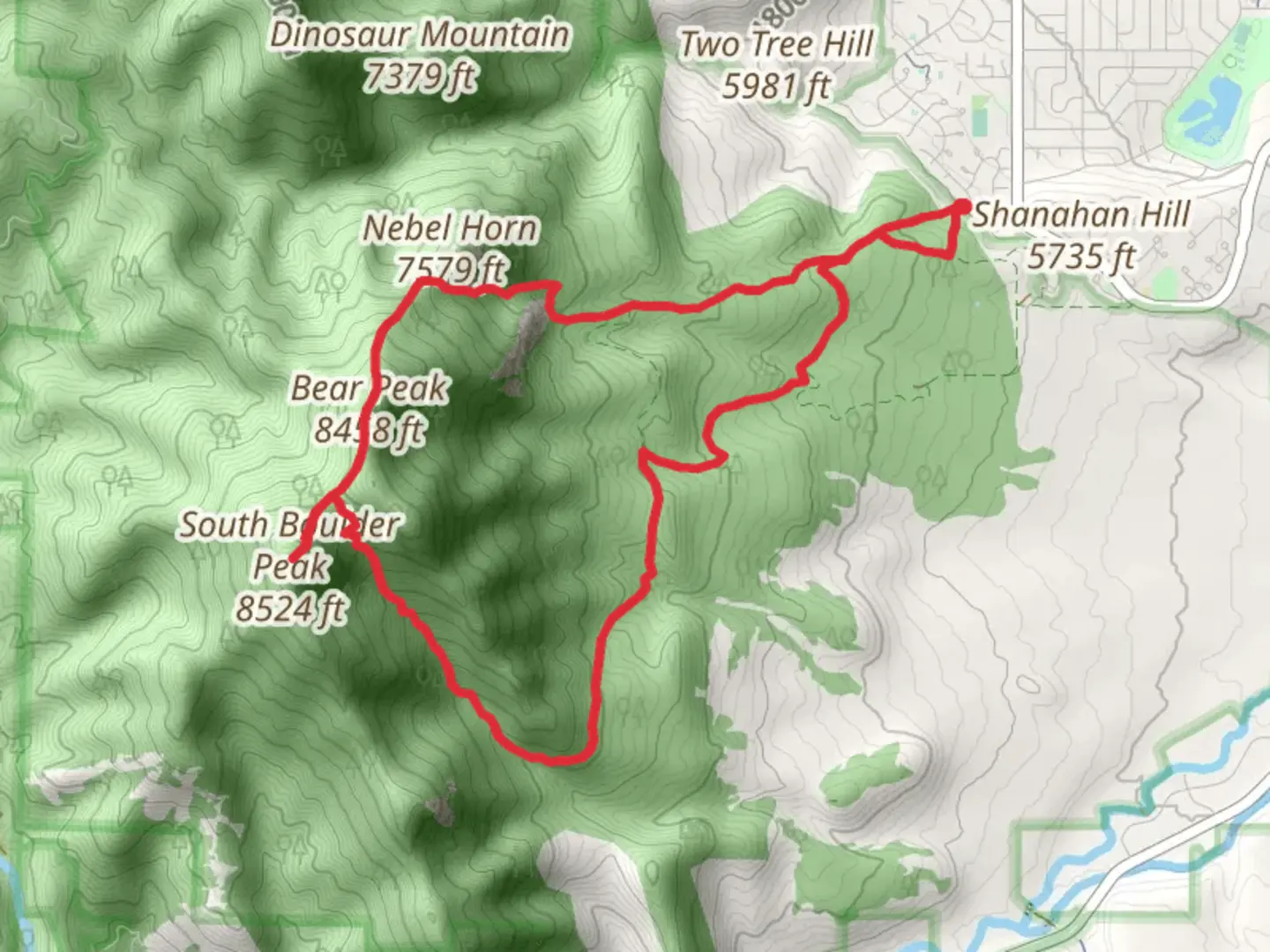 An image depicting the trail Bear Peak and South Boulder Peak via Mesa Trail and Shanahan - Mesa Trail and its surrounding area.