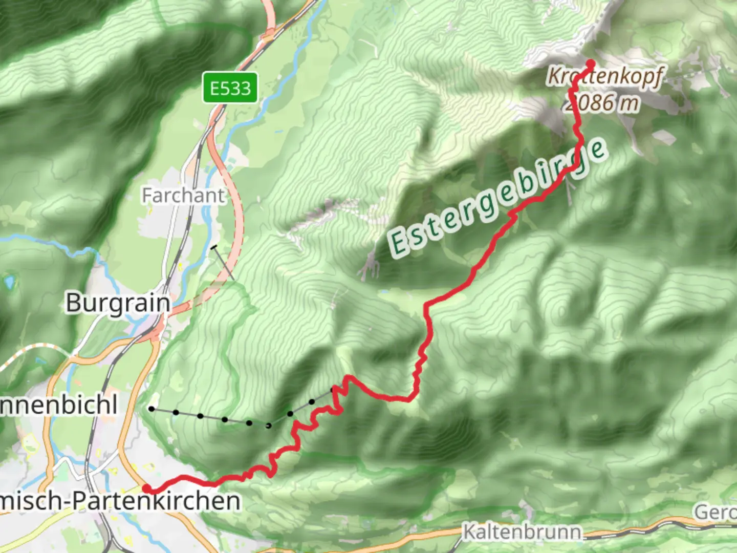 An image depicting the trail Weilheimer Hütte to Partenkirchen Walk via Wankhaus Sonnenalm and its surrounding area.