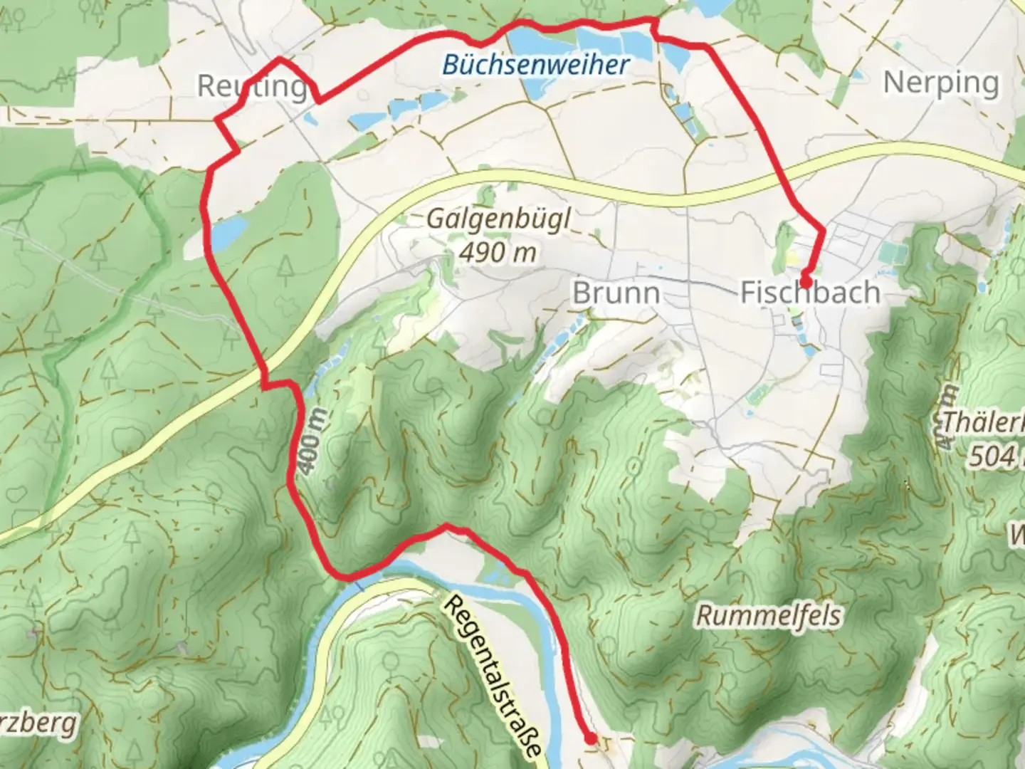 An image depicting the trail Fischbach to Weissenhof via Buechsenweiher and Weihertour and its surrounding area.