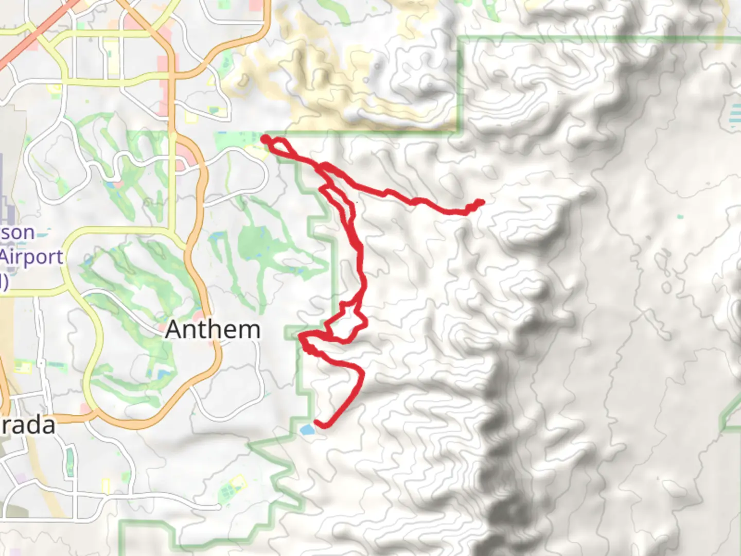 An image depicting the trail Anthem East, Bursage, McCullough Hills, Rock Garden, Angry Karen and Anthem East Trail and its surrounding area.