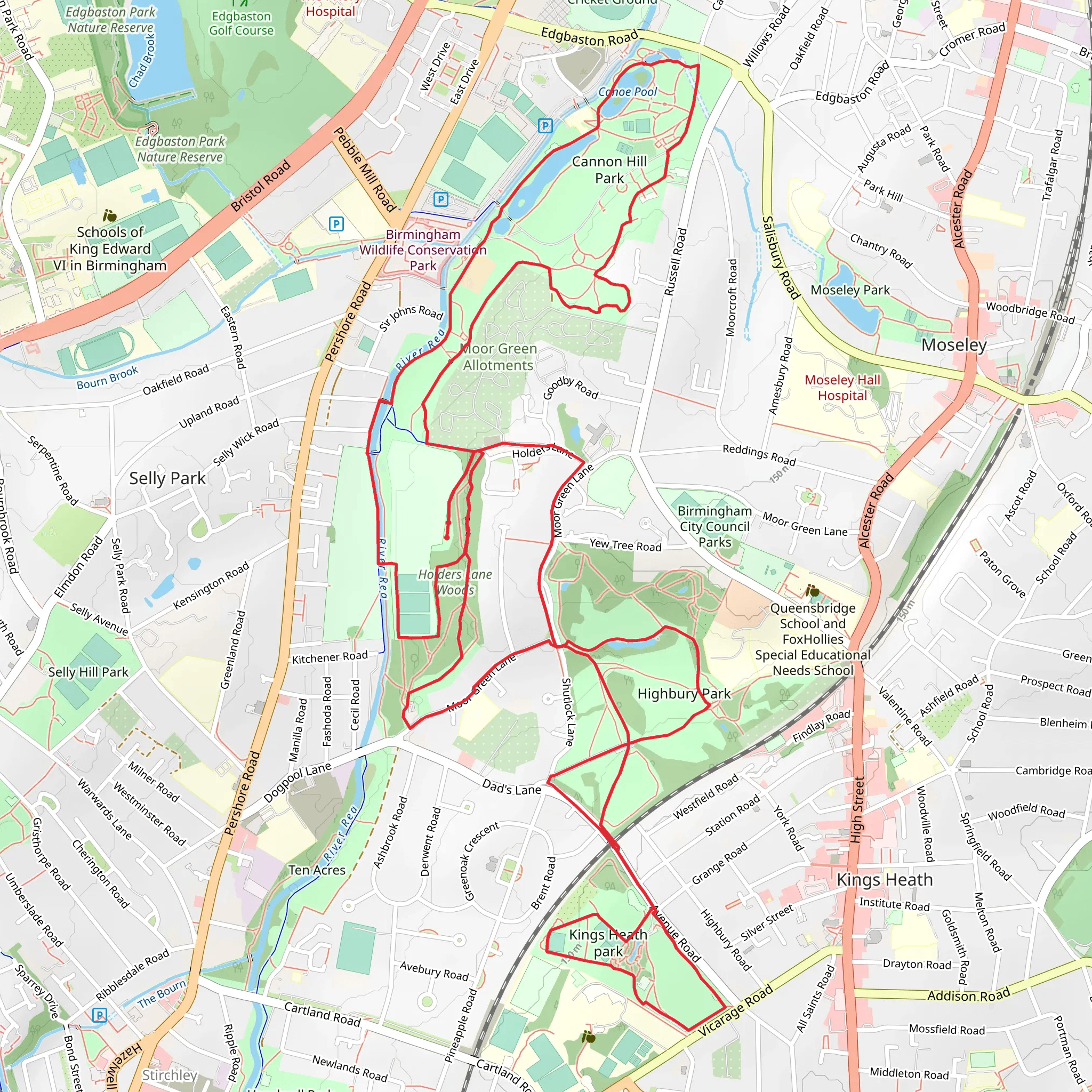 Holders Lane Woods, Cannon Hill Park, Highbury Park and Kings Heath Park Loop mobile static map