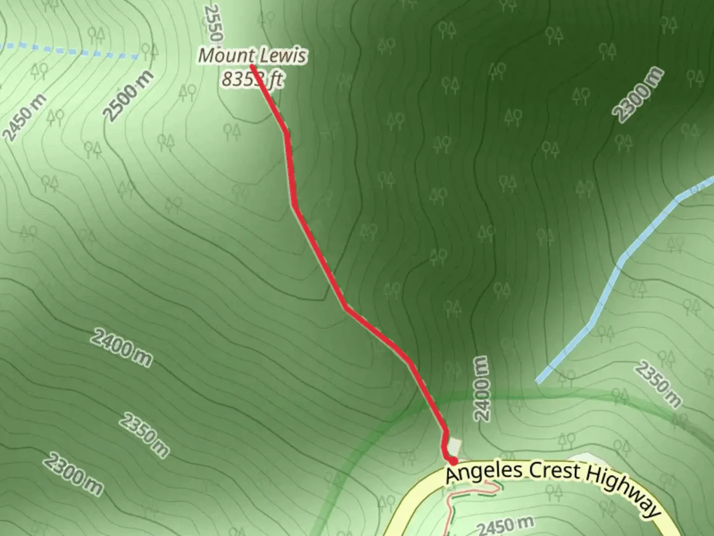 An image depicting the trail Mount Lewis Out and Back and its surrounding area.